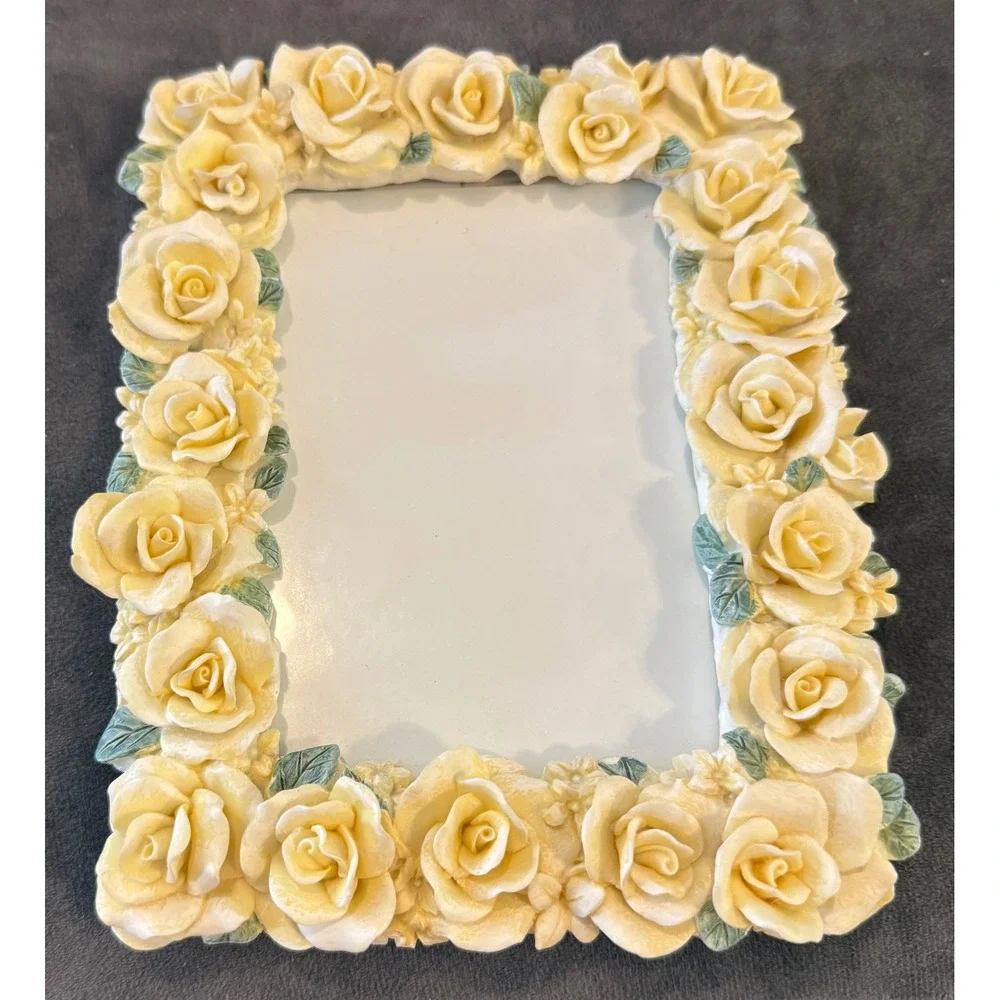 Picture Frame 3.5x5 Yellow Resin Sculpted Roses Floral Decor Cottagecore Ornate